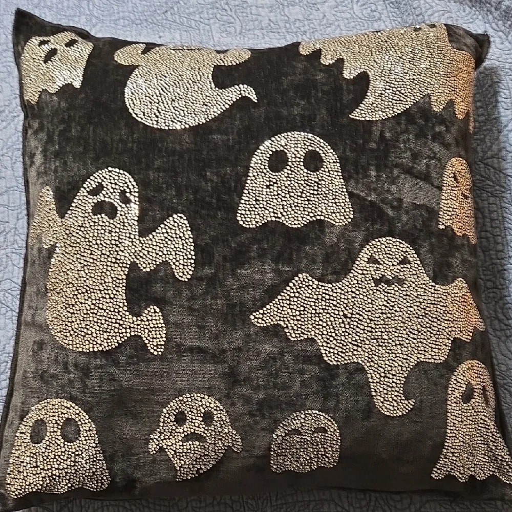 Magaschoni Home Ghost Patterned Black Velvet & Rhinestone  Halloween Pillow